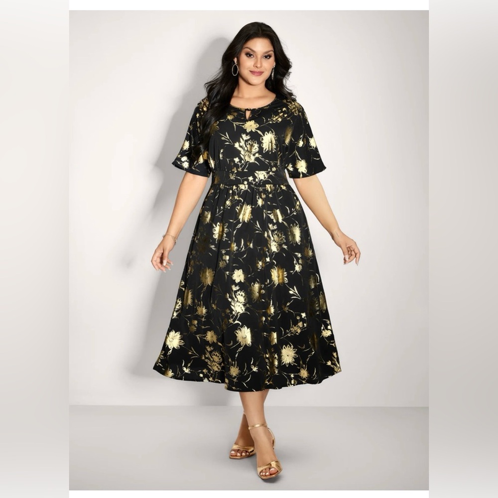 NWT bloomchic 22/24 Black & Gold Floral Midi Dress - Picture 2 of 8